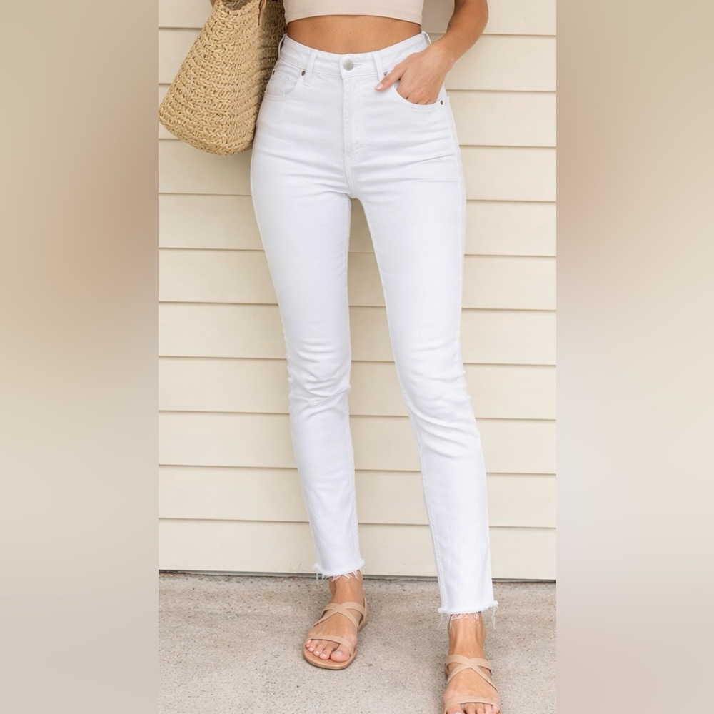 Madewell White Skinny Jeans Mis-Rise Button Fly Raw Hem Size 27
